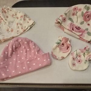 Newborn Gerber Pink, White Polka Dot, and Floral Beanies